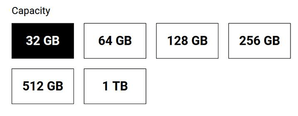 Pictures showing different storage capacities of memory cards